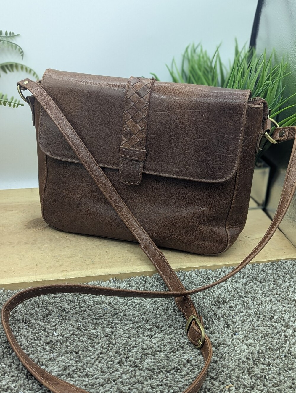 Ashwood Brown Leather Crossbody Braided Leather Top Strap Purse Casual Purse